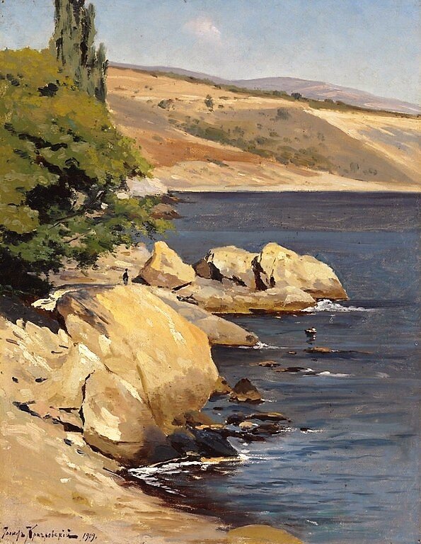 Крачковский И.Е., «Скалистый берег. Крым», 1909, холст, масло, 40,6 х 31,8 см, частная коллекция