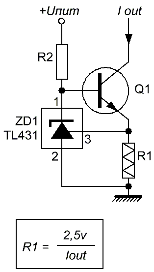 Базовая схема стабилизатора тока, примененная ранее в тестере. Основное достоинство - позволяет стабилизировать малые токи.