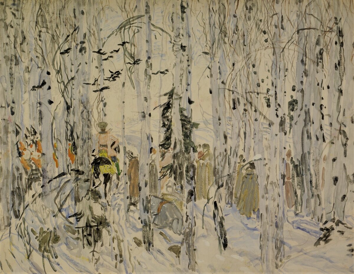 А. Я. Головин. «Борис Годунов». Эскиз декорации. «Кромы». 1911 г. Бумага, акварель, гуашь