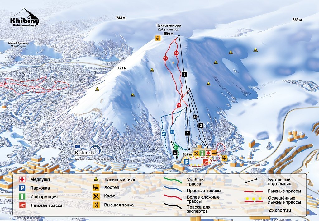 Схема трасс в горнолыжном комплексе "Кукисвумчор". Взято с официального сайта.