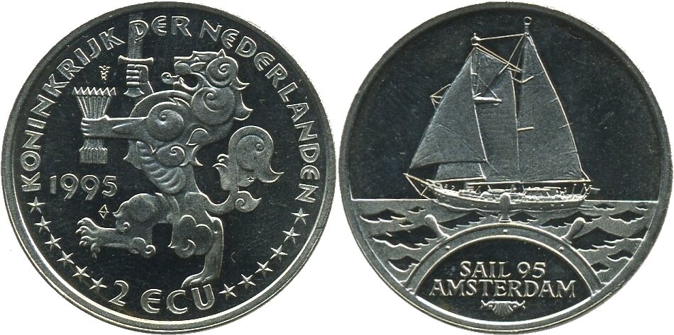 Аверс всех 5 unusual coins серии "Sail 95 Amsterdam" стандартный: на нём изображены государственный герб и наименование страны-эмитента "Koninkrijk der Nederlanden" (Королевство Нидерланды), год выпуска - 1995-ый, номинал - 2 экю. Реверсы несли на себе изображения различных сцен с парусниками в "главной роли". Все эти "нестандартные монеты" были отчеканены тиражом по 30000 экземпляров каждого типа в медно-никелевом сплаве, диаметр равнялся 30 мм. И если бы не обозначение номинала в экю - не существовавшей тогда физически денежной единицы - прообраза нынешнего евро - то данный "анъюжэл" обладал бы всеми характеристиками полноценной монеты!