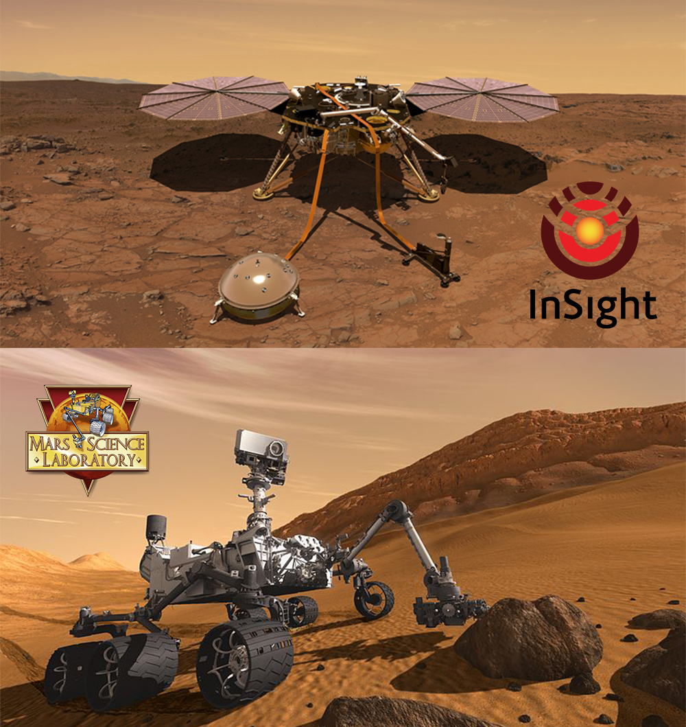 Рисунок сверху - посадочный модуль "InSight" и сейсмограф, снизу - марсоход "Curiosity"