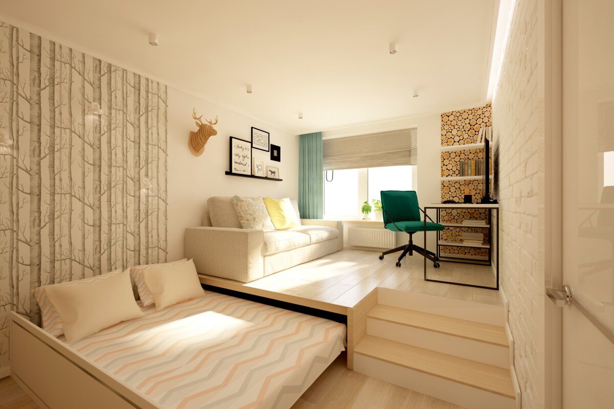 Дизайн подиум. Спальня гостиная 18м2 экостиль. Интерьер однокомнатной квартиры. Комната с подиумом для кровати. Планировка комнаты с кроватью и диваном.