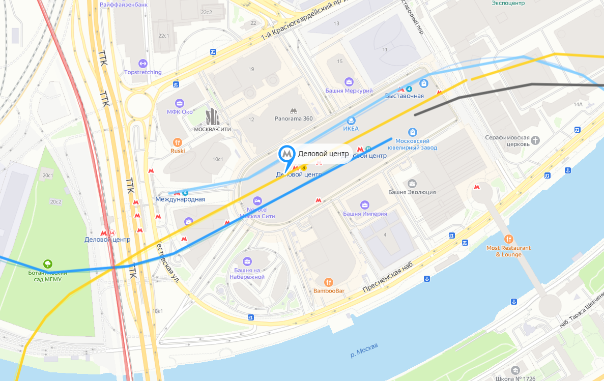 Станция «Деловой центр» Рублёво-Архангельской линии метро на карте.