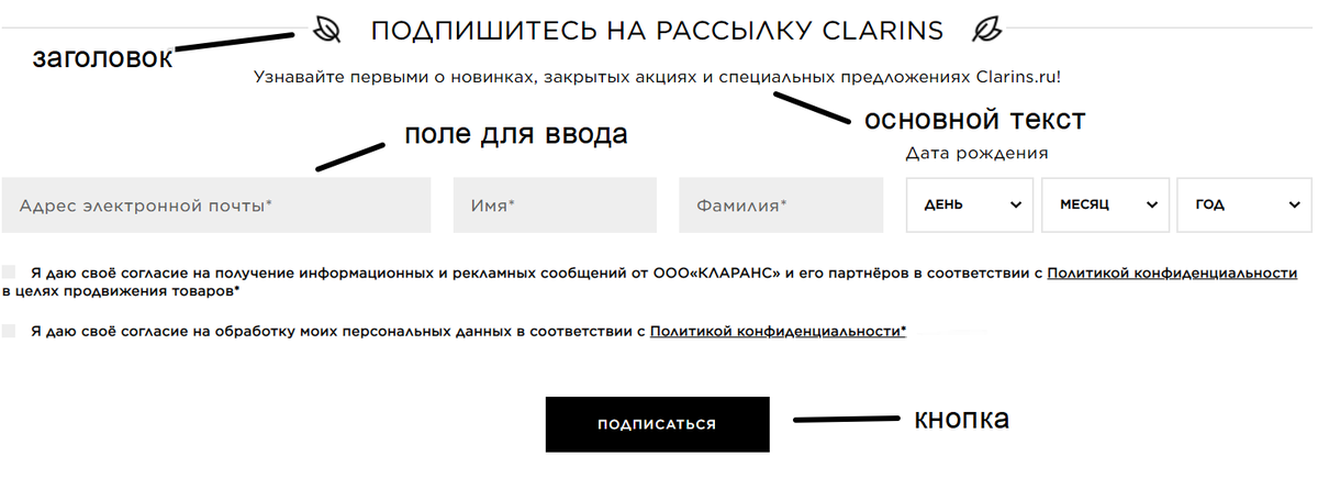 Форма подписки, интернет-магазин Clarins 