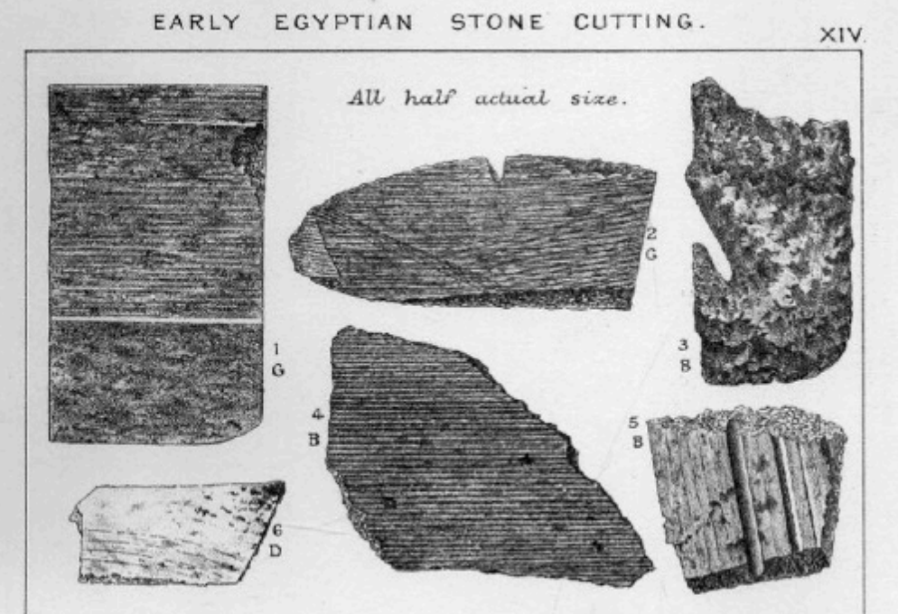 Фрагменты базальтового пола со следами пиления из книги Флиндерса Петри "Пирамиды и храмы Гизы", Лондон, 1883