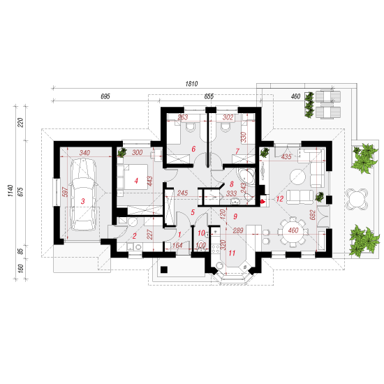 Проект одноэтажного дома 123 м2 с гаражом, эркером и террасой - 102-80