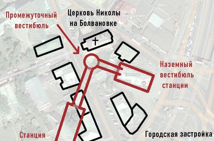 План станции с эскалаторными тоннелями, наземным и промежуточным вестибюлями (из открытых источников)