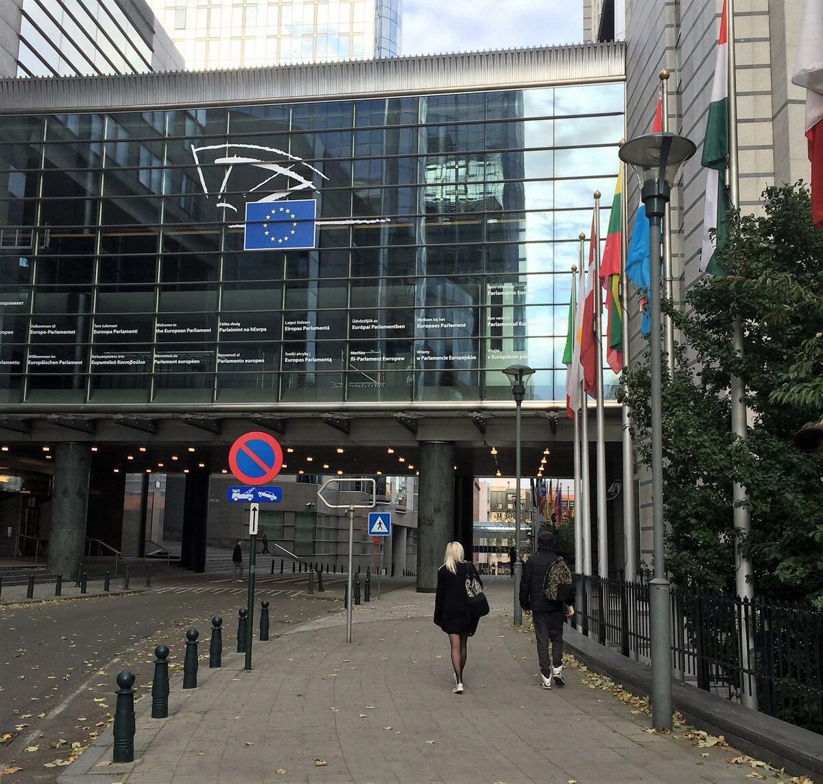 Здание Европарламента выдаёт себя только обилием флагов
