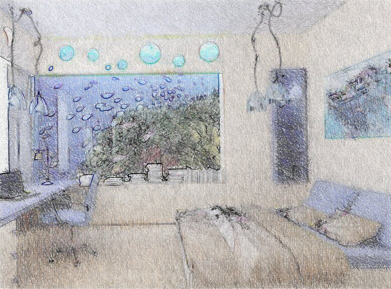 Эскиз интерьера спальни с аквариумом