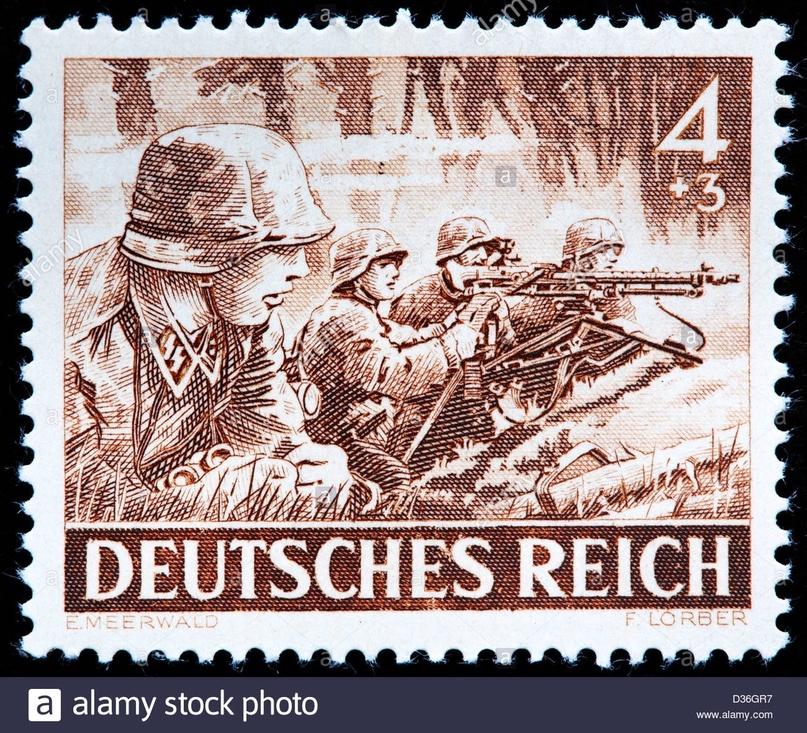 Почтовая марка рейха, 1943 год. Изображены солдаты Ваффен-СС.