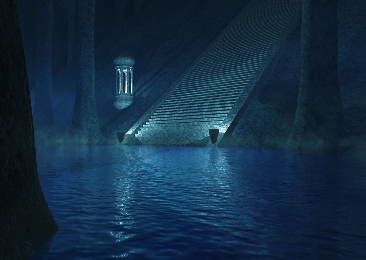 Город под водой. Подземное море. Подземное озеро фэнтези. Лестница под водой. Вертикальная пещера затоплена водой можно найти уровень