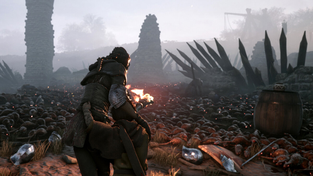 Сцена из игры A Plague Tale: Innocence, вокруг героини и её брата полчища крыс