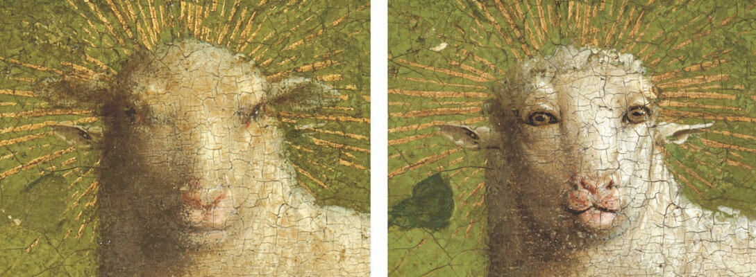 Ян ван Эйк, ангец с «Гентского алтаря» до и после реставрации, 1432.