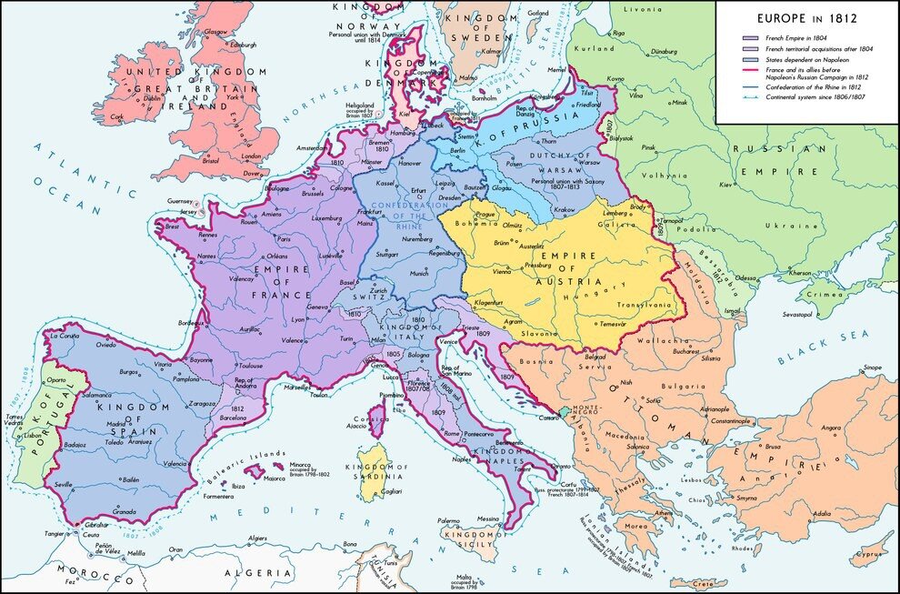 Карта Европы на 1812год