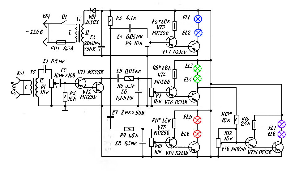 Цветомузыка на тиристорах ку202н схема 220 вольт своими руками
