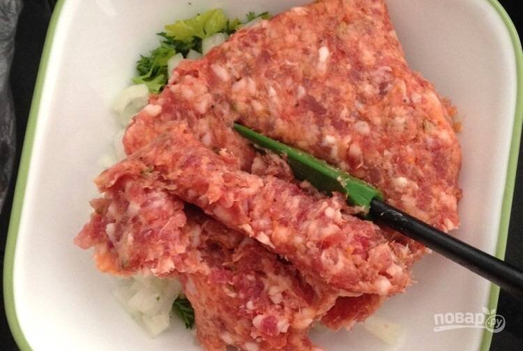 Смешайте фарш, измельченный лук и петрушку. Приправьте солью и перцем по вкусу.