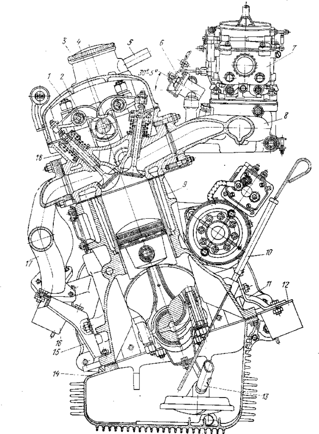 412-й двигатель в разрезе, конструкция для середины 60-х очень прогрессивная.