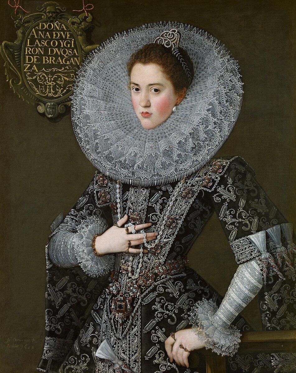 Juan Pantoja de la Cruz Portrait de Doña Ana de Velasco y Girón, duchesse de Bragance, de trois-quarts, en habit de cour 1603.  
