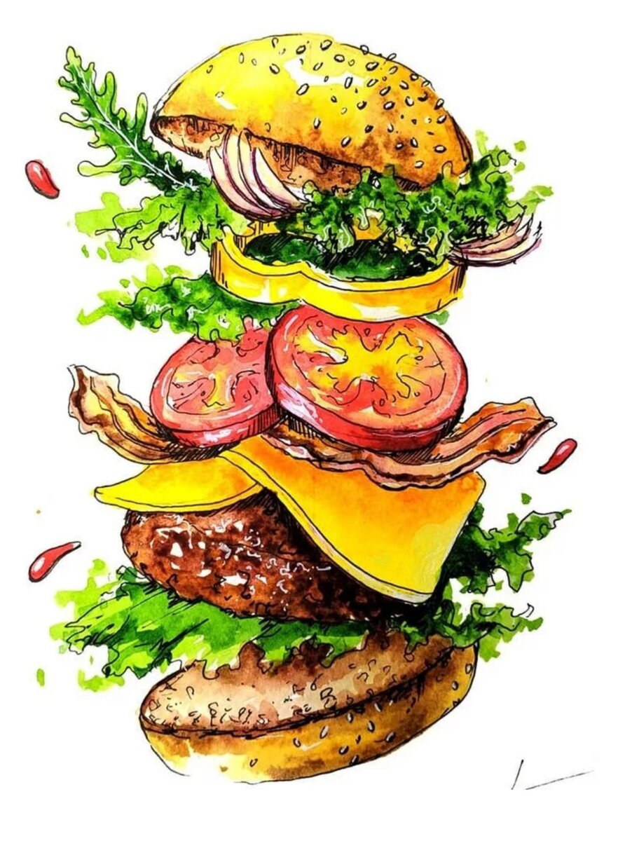Фаст арт. Рисунки еды. Скетчинг гамбургер. Гамбургер акварель. Бургер рисунок.