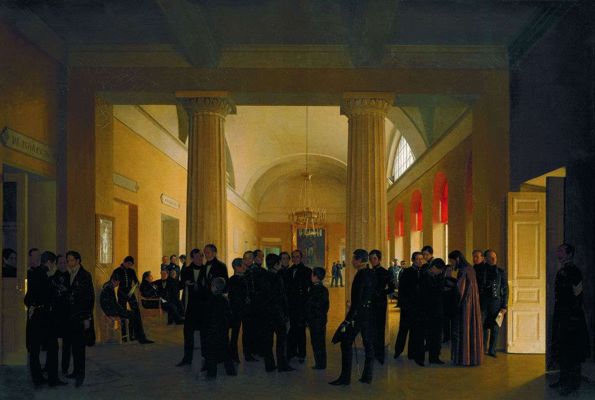 "Зал училища правоведения с группами учителей и воспитанников", Сергей Зарянко, 1840. (сс) Wikimedia Commons