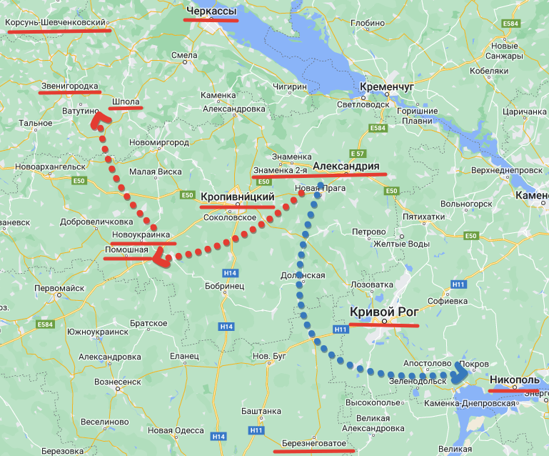 Замысел главного удара Кировоградской операции: синим первоначальный, красным - откорректированный. Рисунок Автора