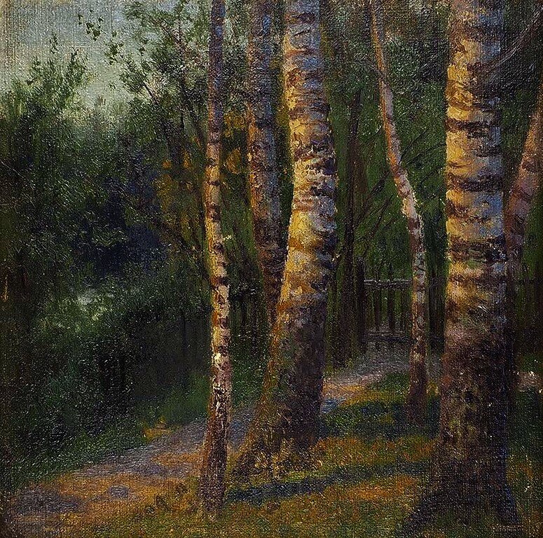 Сергеев Н.А., «Березы»,1899, холст, картон, масло, 25,8 х 25,7 см, частное собрание