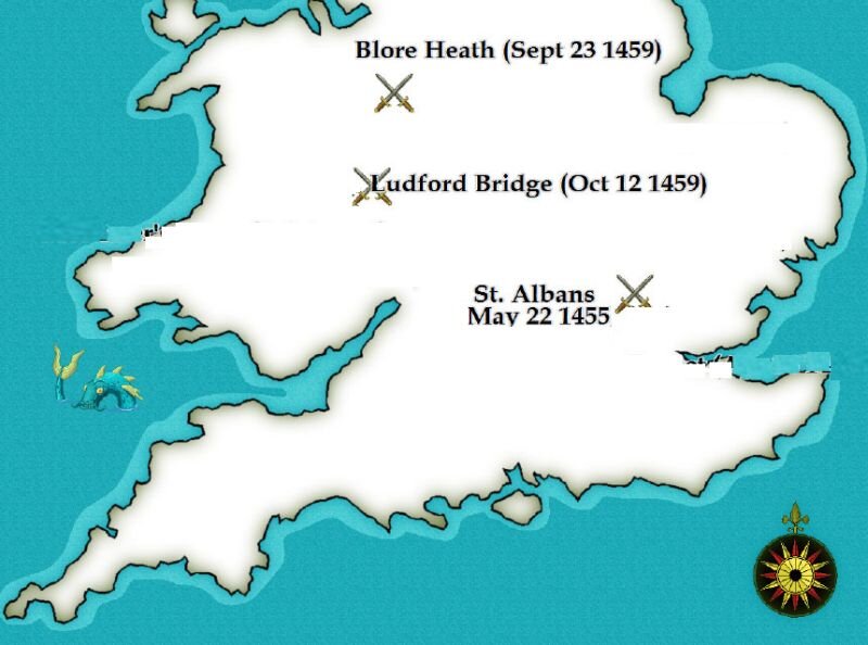 Места сражений в войнах Роз в 1455-1459 годы.