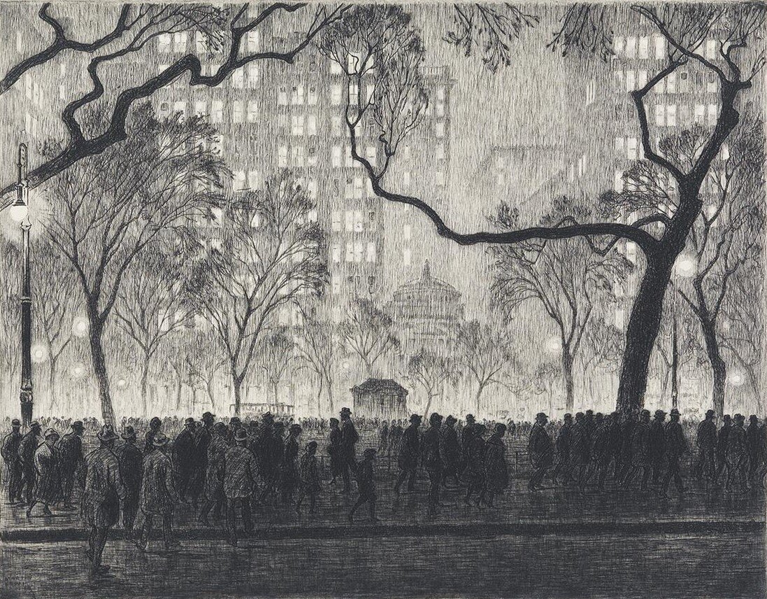 Мартин Льюис "MADISON SQUARE, RAINY NIGHT" 1915-16 годы, офорт, сухая игла