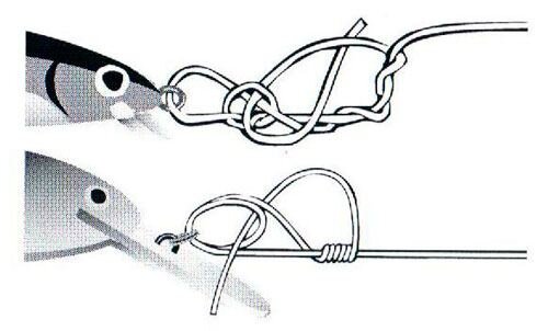 Рис.1. Узлы для привязки воблеров: а) непосредственно за ушко, б) за заводное колечко.