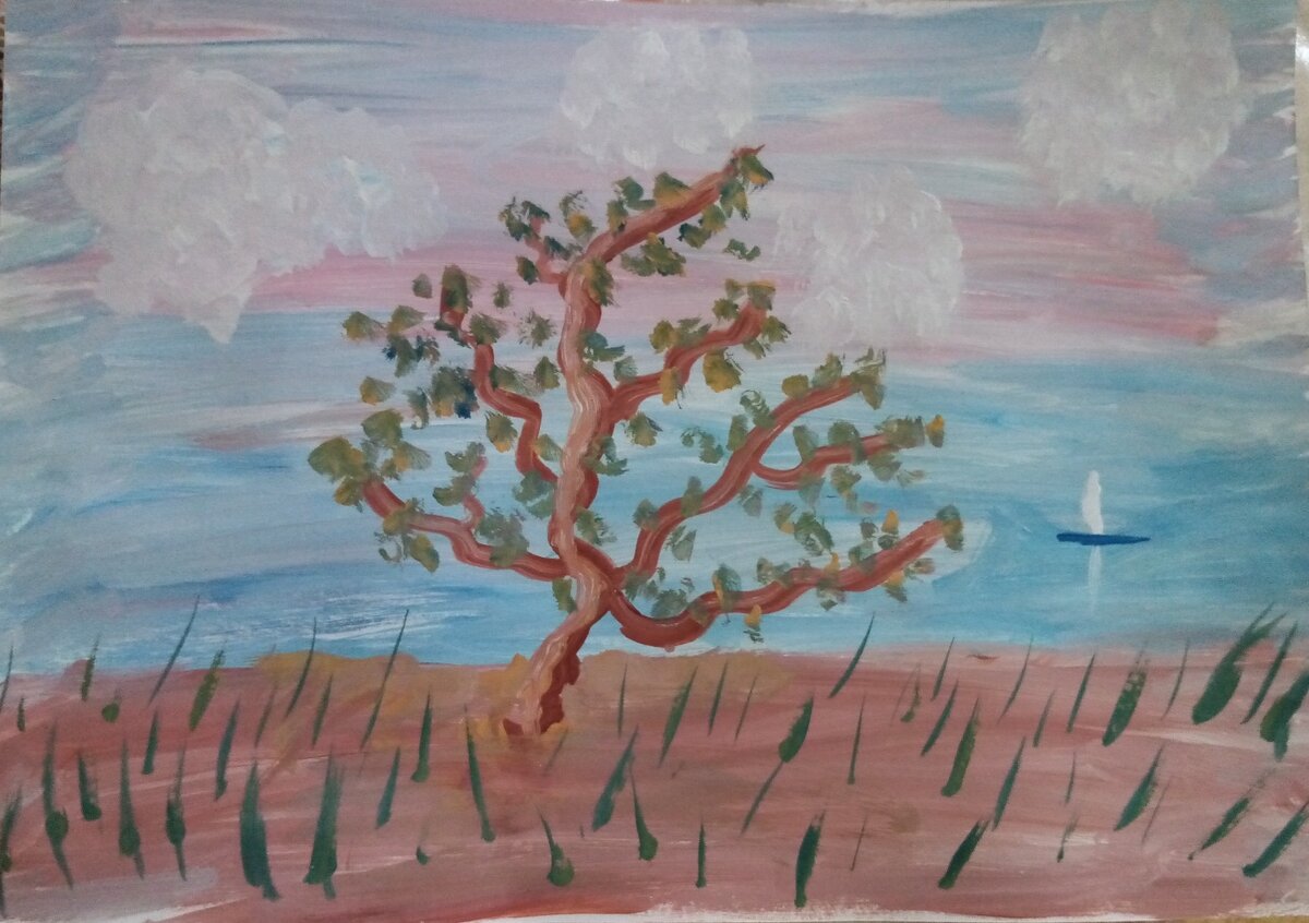 Одна из работ - пейзаж Анны Лекомцевой, возраст 70 лет, правополушарное рисование.