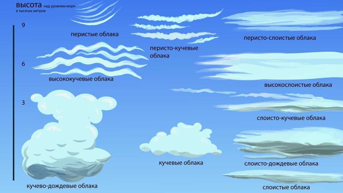 Какие облака могут принести затяжные дожди. Облака Кучевые перистые Слоистые. Перистые облака Кучевые облака Слоистые облака. Виды облаков схема. Виды облаков названия.