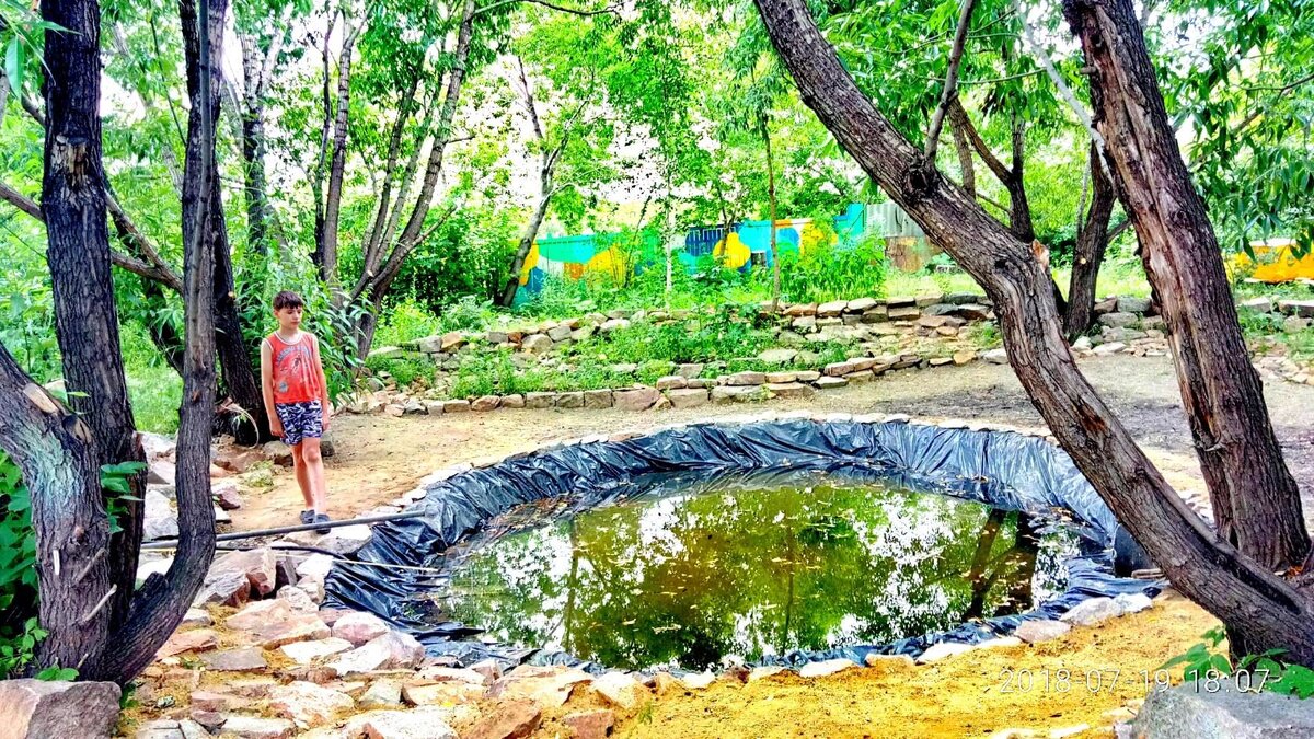 Сверху мы застелили прочную пленку и напустили воду. 