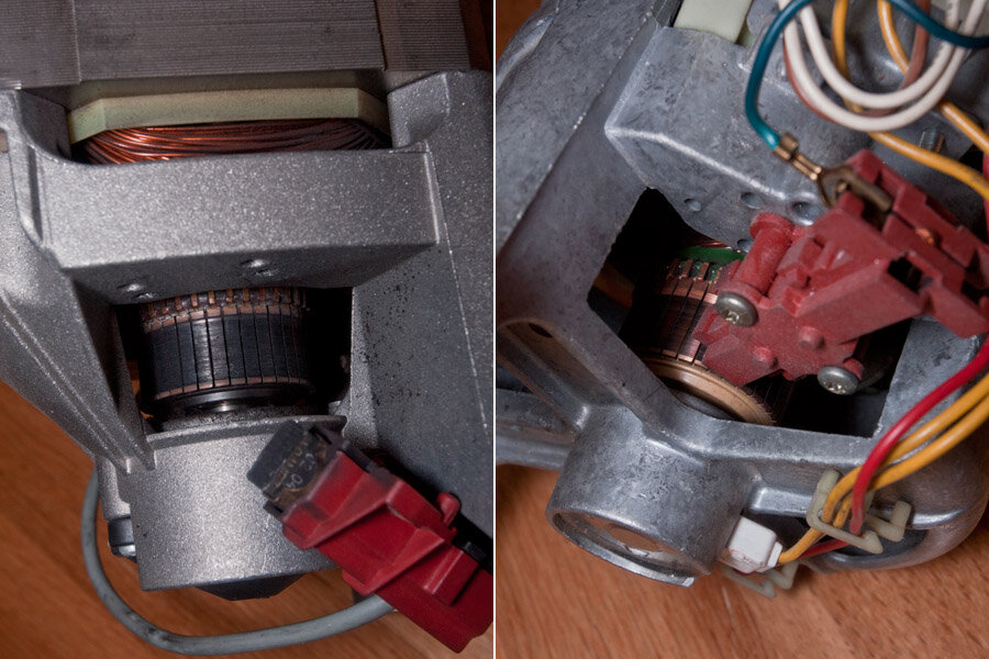 В красном пластмассовом щеткодержателе находятся щетки, которые скользят по медному коллектору, подавая через него напряжение на ротор