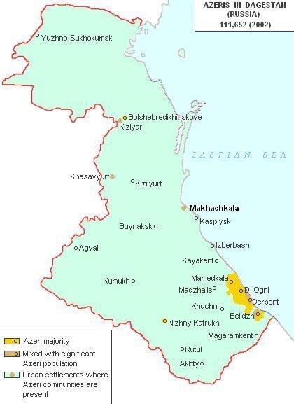 Современная карта Дагестана. Регионы с азербайджанским населением показаны в жёлтом цвете.