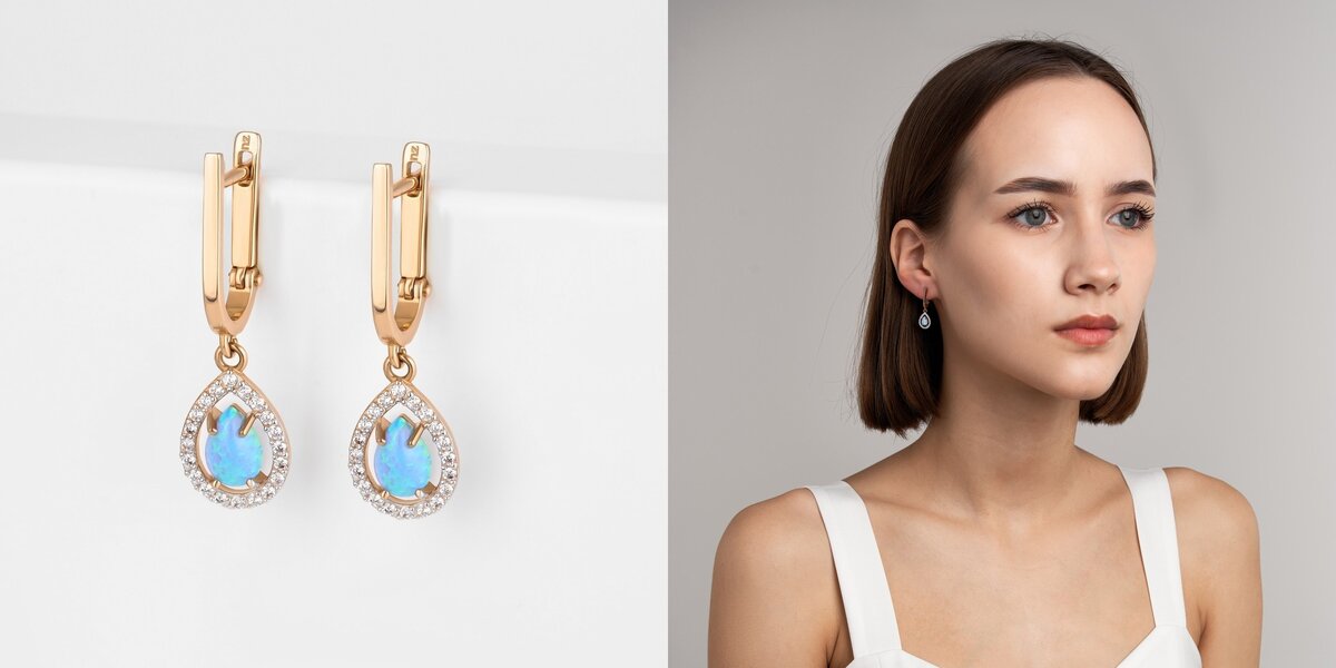 Подвесные серьги с опалами и фианитами 000-359980 на ourgold.ru