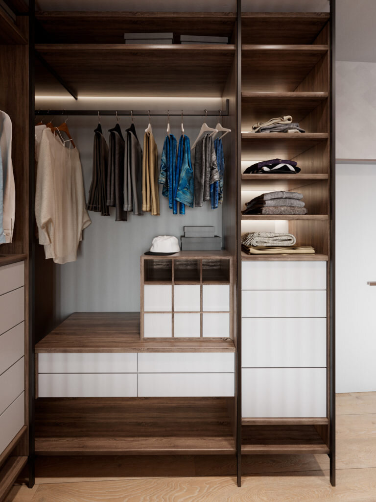 Зеленый, серый и много дерева. Современный интерьер трехкомнатная квартиры