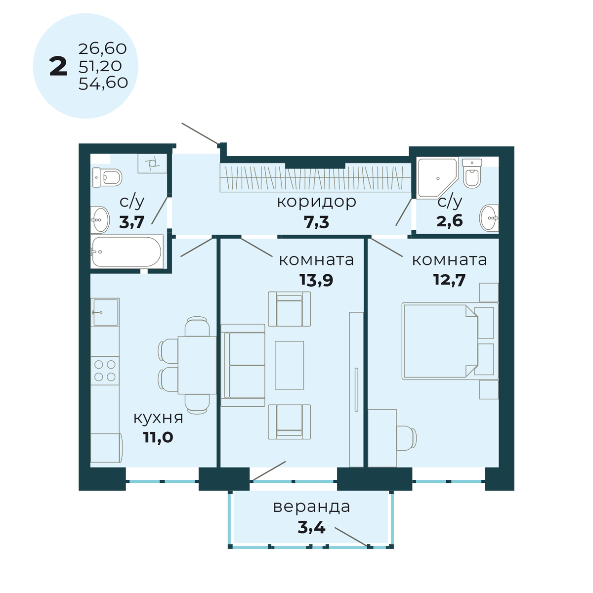 Классическая 2-комнатная квартира площадью 54,60 м2