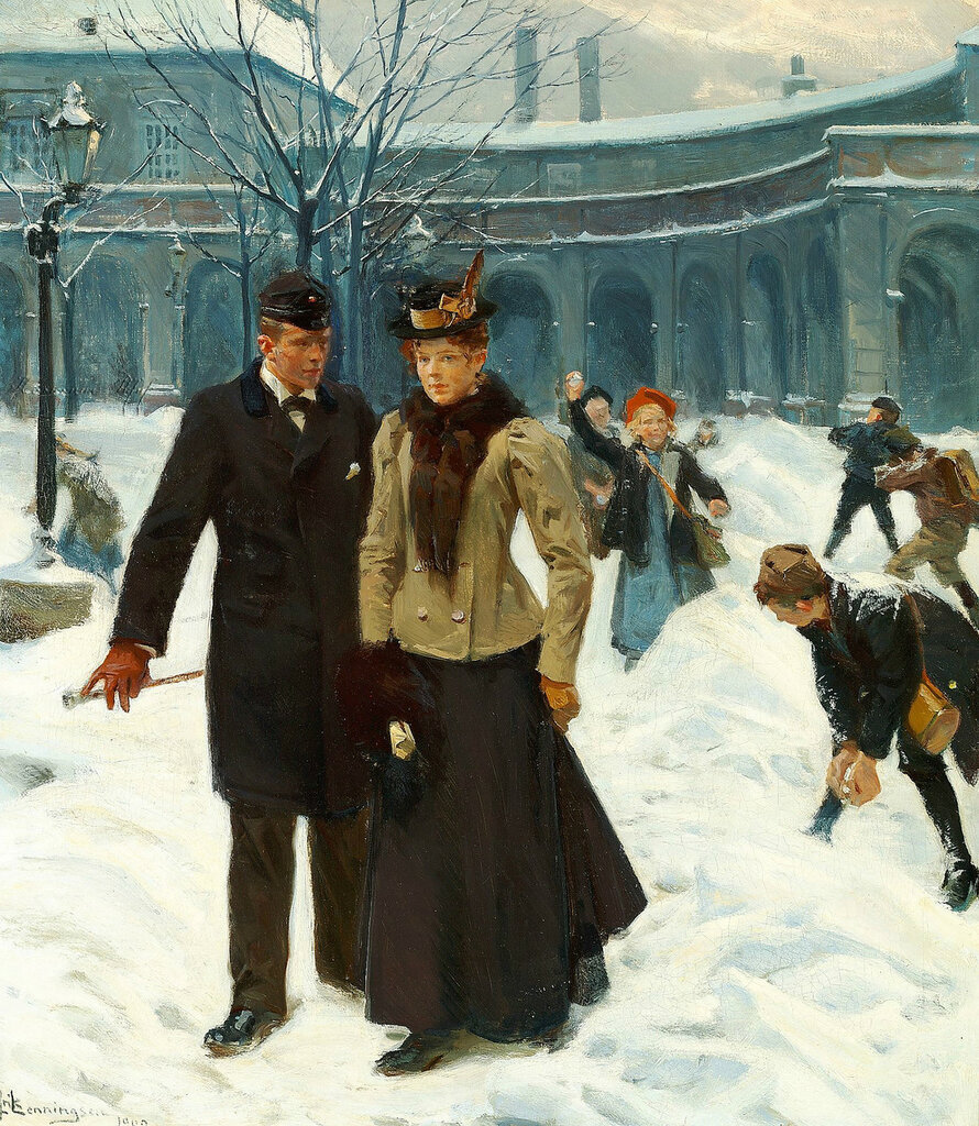 Эрик Людвиг Хеннингсен, «Молодая пара в снегу у Манежа в замке Кристиансборг». 