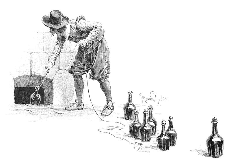 Слуга Портоса ловко снабжал своего раненого и проигравшегося в кости хозяина вином, таская бутылки из погреба гостиницы с помощью лассо. Как звали этого проныру, вы должны вспомнить в тесте. 