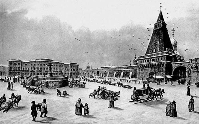 Лубянская площадь и "Шиповская крепость" (слева) в 1850-х годах. Литография по рисунку С. Дитца. Из книги В.Б. Муравьёва "Московские легенды. По заветной дороге российской истории".