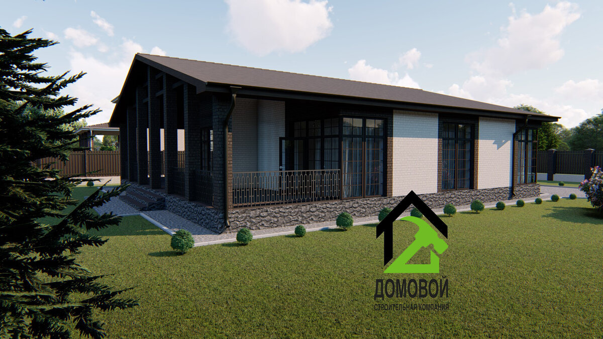 Вид на главный и левый фасады. Источник изображения: Канал "Строительство домов и бизнес" (zen.yandex.ru/id/5d319d8392414d00ad85d968), Яндекс Дзен.