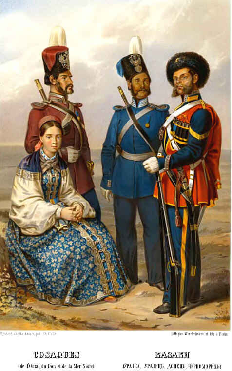 Казаки: уралка, уралец, донец, черноморец (Pauli F.H., "Les Peuples de la Russie", 1862).