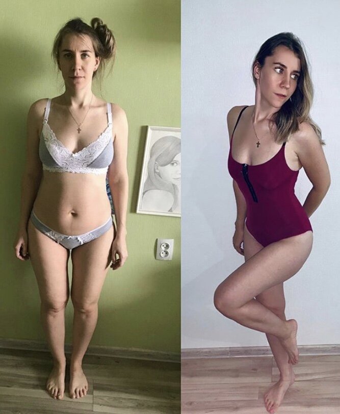 Первое фото сделано спустя месяц после родов. Втрое-моя форма спустя пол года. Разница в весе 10 кг