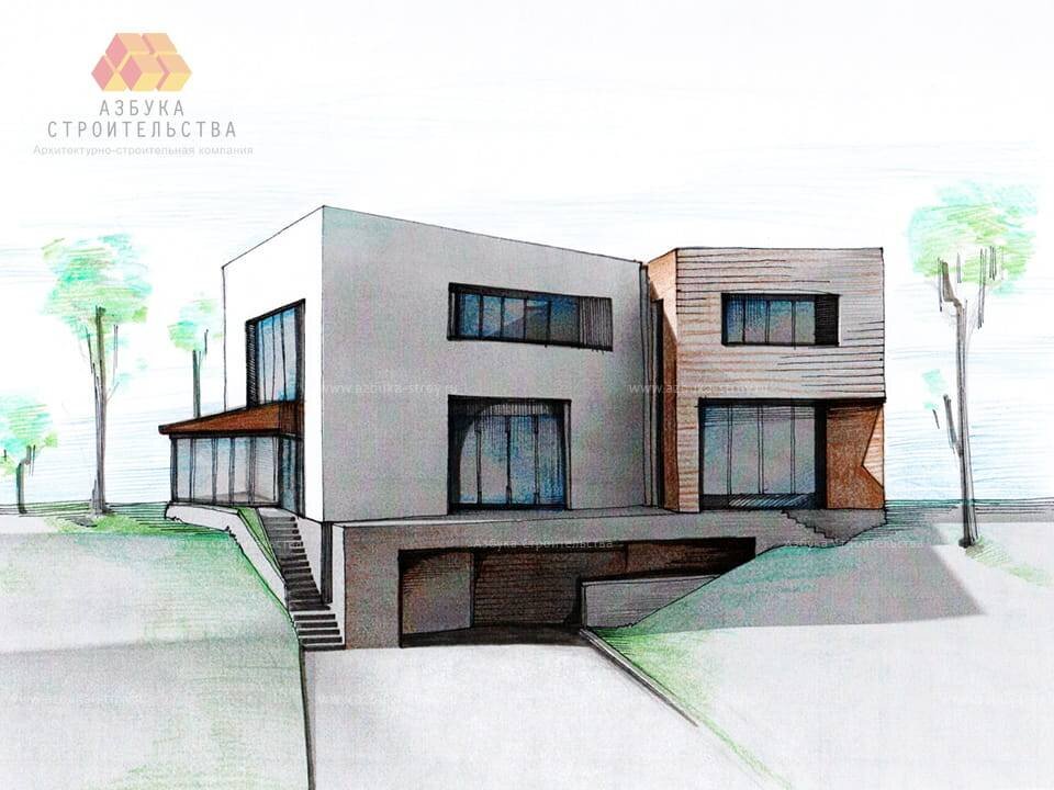 Коттедж в стиле «высоких технологий». Ручной эскиз. Архитектор Андрей Беспалов