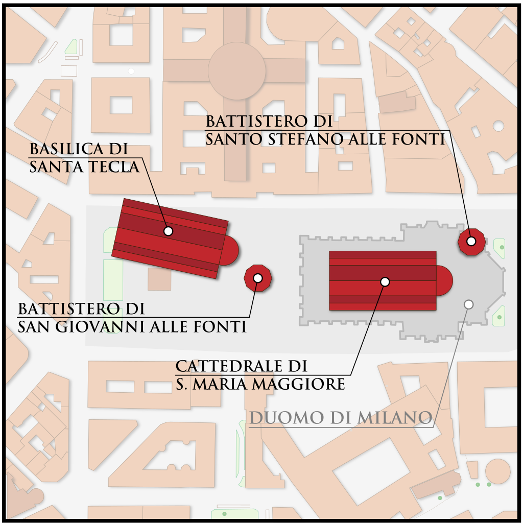 Храмы и баптистерии на месте Собора перед началом строительства. 
Di User:MacMoreno - (https://www.beweb.chiesacattolica.it/VisualizzaImmagine.do?sercd=11&amp;tipo=A&amp;fixedside=width&amp;prog=3&amp;contesto=battisteri), CC BY-SA 4.0, https://commons.wikimedia.org/w/index.php?curid=89937843