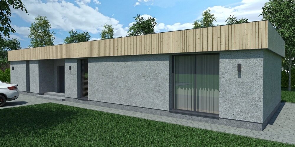 Устройство тёплого штукатурного фасада дома в сером цвете. Источник baufritz.com