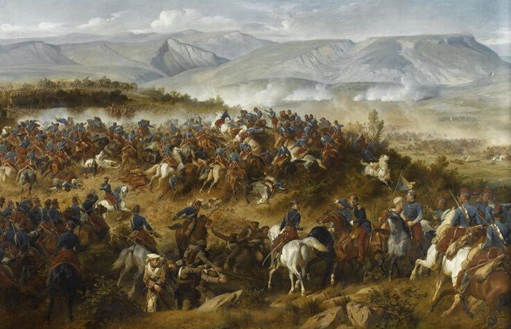 Французские африканские конные егеря, атакующие русскую батарею, расположенную на высотах.