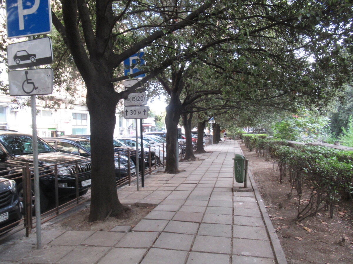 С левой стороны парковка, ограждения и бульвар