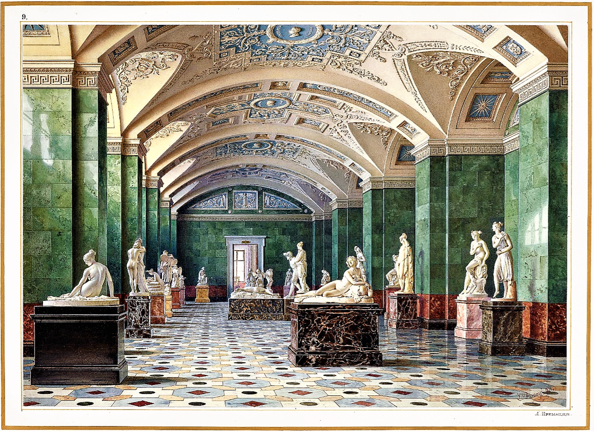 Премацци Л.О., «Зал новейшей скульптуры», 1856, акварель, бумага, белила, Эрмитаж